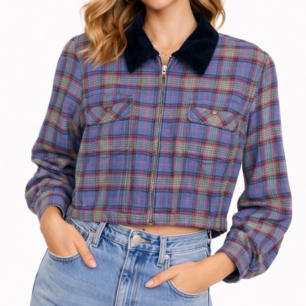 Quizz New‎ York Cropped Plaid Jacket Women’s Medium Zip Up Velvet Vintage Grunge